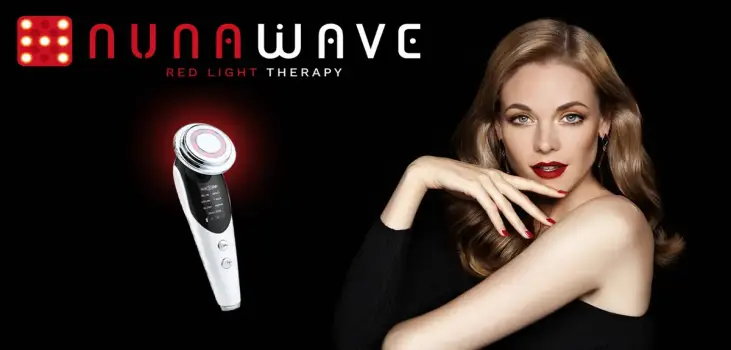 blonde woman, NunaWave Wand product and logo on black background